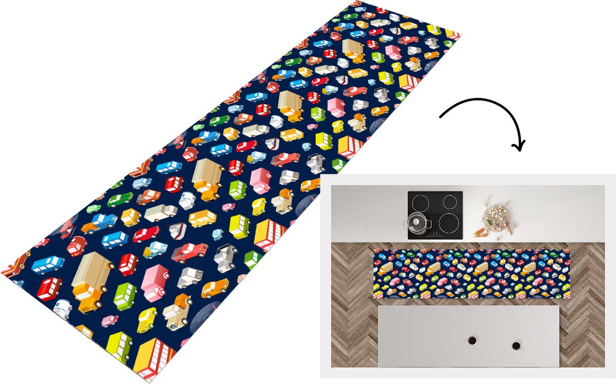 KitchenYeah Keukenloper - Loper keuken - Patroon - Auto - Verkeer - 200x50 cm - Keukenloper vinyl Multicolor