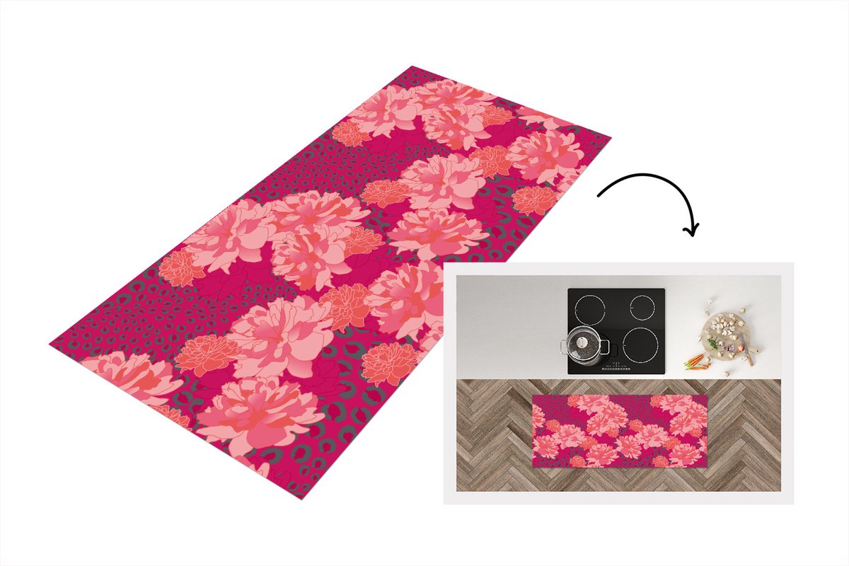 KitchenYeah Keukenloper - Loper keuken - Luipaard - Dierenprint - Pioenroos - Patroon - 120x50 cm - Keukenloper vinyl Multicolor
