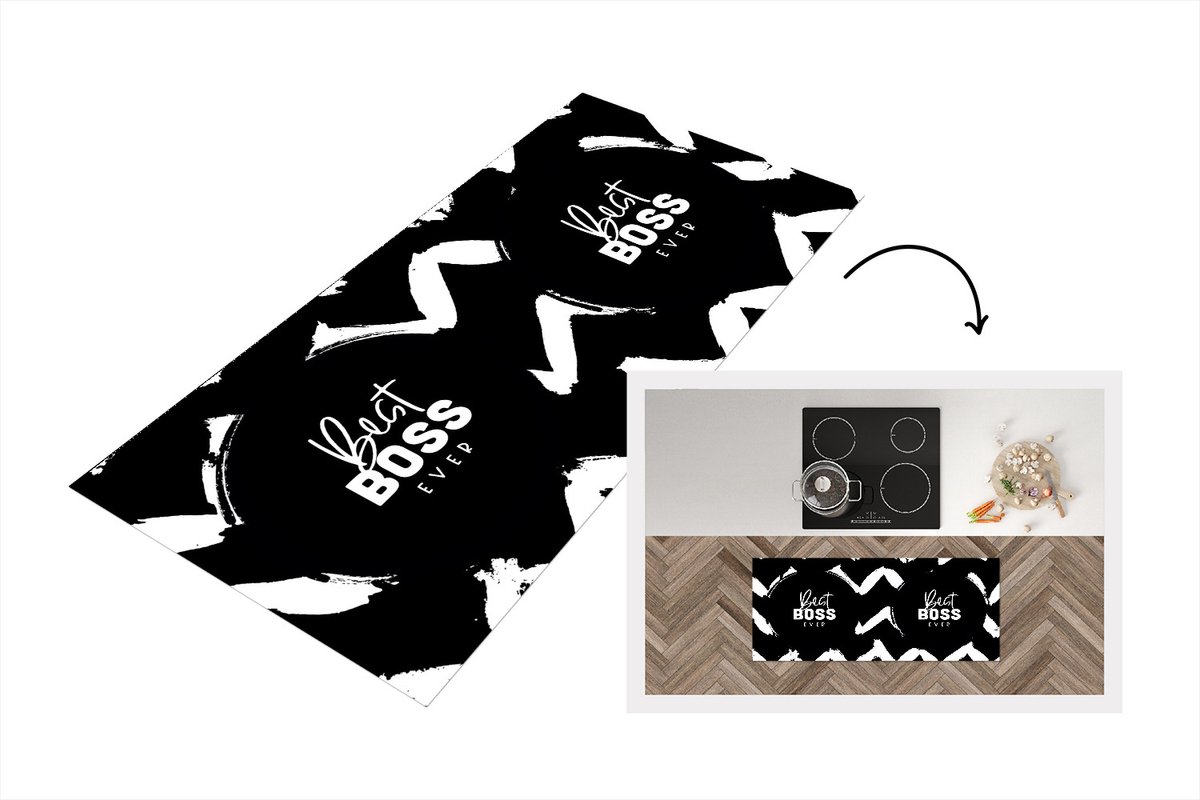 KitchenYeah Keukenloper - Loper keuken - Boss - Zwart - Wit - Quotes - 120x50 cm - Keukenloper vinyl Multicolor