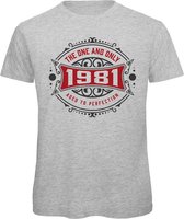 1981 The One And Only | Feest Kado T-Shirt Heren - Dames | Antraciet - Donker Rood | Perfect Verjaardag Cadeau Shirt | Grappige Spreuken - Zinnen - Teksten | Maat L