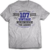 107 Jaar Legend - Feest kado T-Shirt Heren / Dames - Antraciet Grijs / Donker Blauw - Perfect Verjaardag Cadeau Shirt - grappige Spreuken, Zinnen en Teksten. Maat S