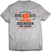 45 Jaar Legend - Feest kado T-Shirt Heren / Dames - Antraciet Grijs / Oranje - Perfect Verjaardag Cadeau Shirt - grappige Spreuken, Zinnen en Teksten. Maat XL