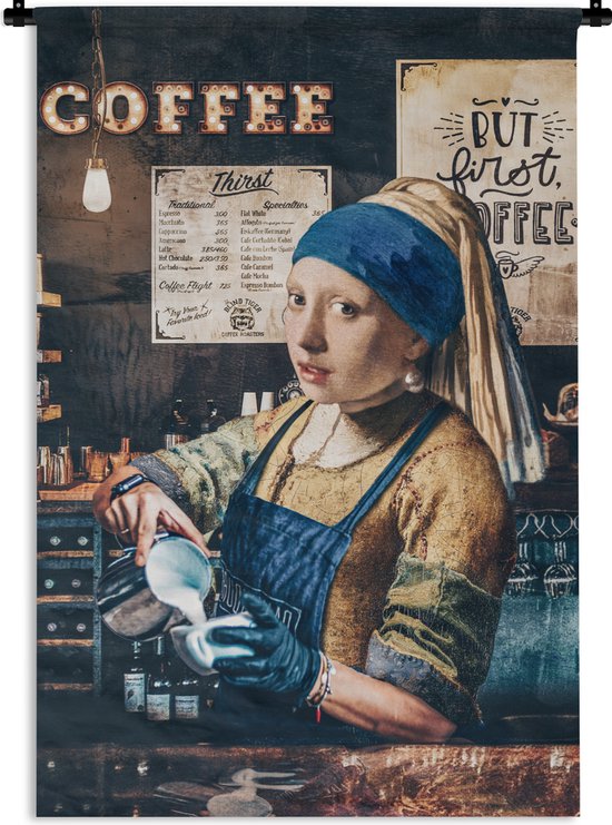 Wandkleed - Wanddoek - Meisje met de parel - Schilderij bewerkt - Barista - Vermeer - Koffie - Cappuccino - 60x90 cm - Wandtapijt