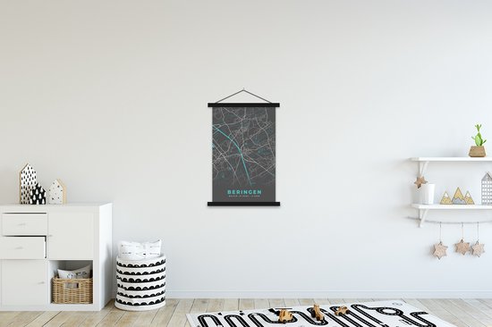 Porte-affiche avec affiche - Affiche scolaire - Plan de la ville - Grijs - Carte - Beringen - België - Carte - 60x90 cm - Lattes noires