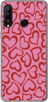 Geschikt voor Huawei P30 Lite hoesje - Een illustratie van behang met rode hartjes - Siliconen Telefoonhoesje