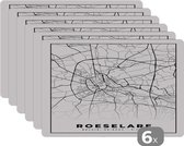 Placemat - Placemats kunststof - Zwart Wit – België – Plattegrond – Stadskaart – Kaart – Roeselare - 45x30 cm - 6 stuks - Hittebestendig - Anti-Slip - Onderlegger - Afneembaar