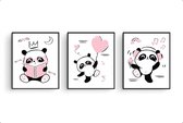 Poster Set 3 Panda boek lezen ballon en muziek luisteren - Roze Hartje / Meisje / 50x40cm