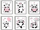 Poster Set 6 Panda met boekje prinses watermeloen ballon muziek en slapen - Roze Hartje / Meisje / 40x30cm