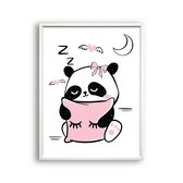 Poster Roze Panda Slapend met Kussen - Hartjes - Meisjeskamer - Babyshower / Geboorte Cadeau - Babykamer - 70x50cm - Postercity