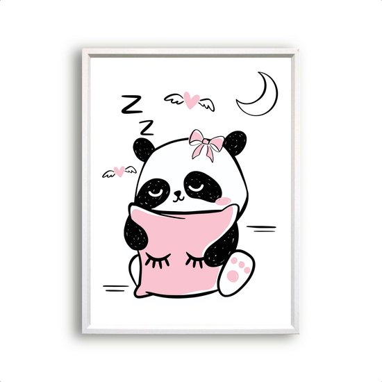 Poster Roze Panda Slapend met Kussen - Hartjes - Meisjeskamer - Babyshower / Geboorte Cadeau - Babykamer - 70x50cm - Postercity