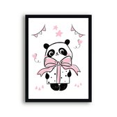 Poster Roze Panda met Cadeautje / Verrassing - Hartjes - Meisjeskamer - Babyshower / Geboorte Cadeau - Babykamer - 50x40cm - Postercity