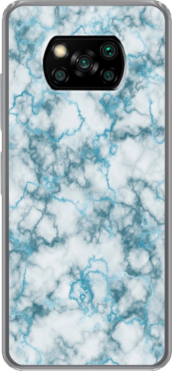 Telefoonhoesje Geschikt voor Xiaomi Geschikt voor Poco X3 NFC hoesje - Marmer print - Turquoise - Wit - Siliconen Telefoonhoesje Telefoonhoesje