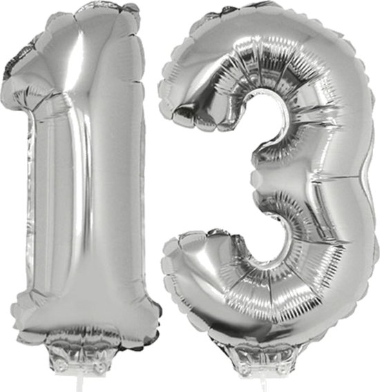 13 jaar leeftijd feestartikelen/versiering cijfers ballonnen op stokje van 41 cm - Combi van cijfer 13 in het zilver