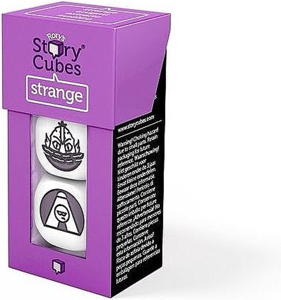 Rory's Story Cubes 'Strange' doos met twee dobbelstenen met afbeeldingen van o.a. een schip en figuur.