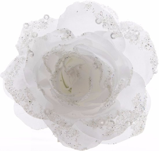 Decoratie roos bloem winter wit 14 cm - Kunst bloemen witte roos met glitters