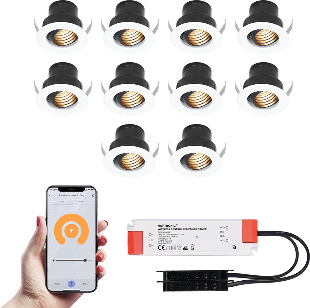 10x Medina witte Smart LED Inbouwspots complete set - Wifi & Bluetooth - 12V - 3 Watt - 2700K warm wit