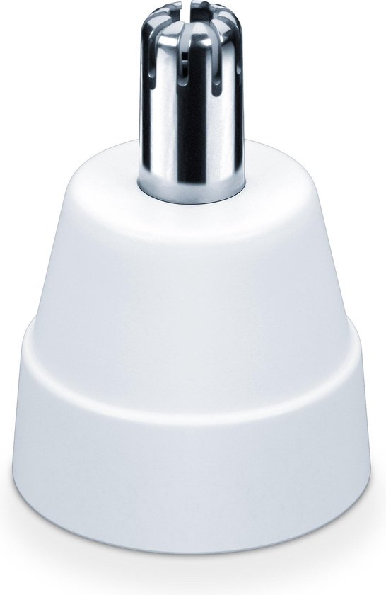 Witte basis met een zilverkleurige, geribbelde trimmerkop.