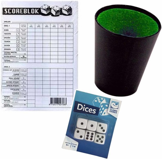 Dobbelstenen yatzee spel - 6x stenen - met beker - en scoreblok van 100 paginas - spelletjes