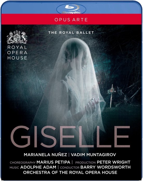 De Blu-ray hoes van Giselle toont een danseres met een witte sluier, een graf en een kruis.