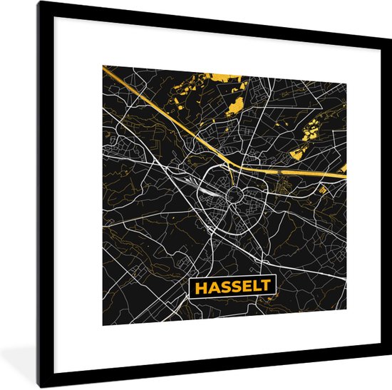 Fotolijst incl. Poster - Kaart - Goud - Plattegrond - Hasselt - Stadskaart - 40x40 cm - Posterlijst