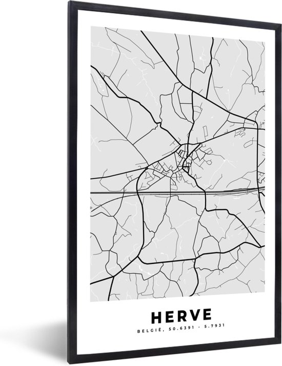Cadre photo avec affiche Wit Zwart - België - Herve - Plan de la ville - Carte - Wit Zwart - Carte - 20x30 cm - Cadre pour affiche