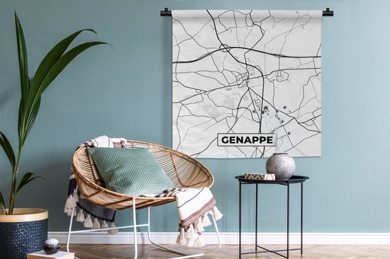 Wandkleed - Wanddoek - Stadskaart – Plattegrond – België – Zwart Wit – Genappe – Kaart - 90x90 cm - Wandtapijt