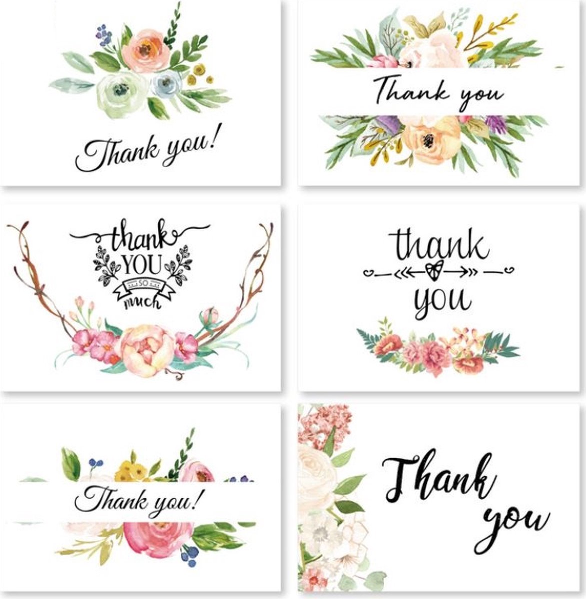 Bedankkaarten - Thank you - Kaart met envelop - Wenskaarten - 10x15cm - 6 Stuks