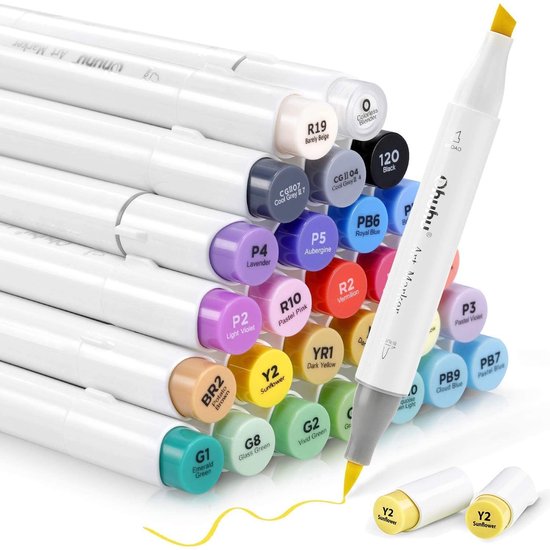 Ohuhu - Alcohol based Art markers Brush & chisel - Basic Colors - set van  24 + Blender... | bol