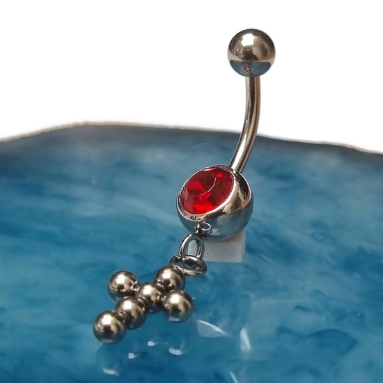 Chirurgisch stalen navelpiercing met hanger kruisje bolletjes rood