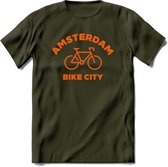 Amsterdam Bike City T-Shirt | Souvenirs Holland Kleding | Dames / Heren / Unisex Koningsdag shirt | Grappig Nederland Fiets Land Cadeau | - Leger Groen - S