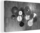 Canvas Schilderij Afbeelding van een drumstel - zwart wit - 120x80 cm - Wanddecoratie