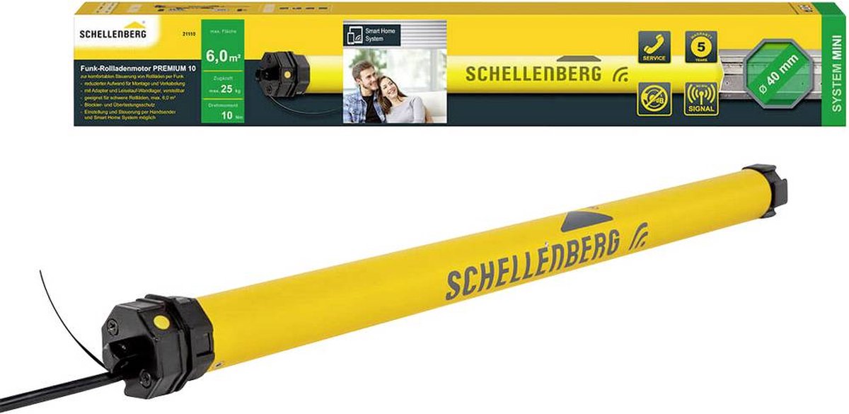 Schellenberg 21110 rolluikmotor met radiografische besturing, nieuwe generatie, 10 Nm, tot 6 m² oppervlakte, radiografische eindschakelaar, voor 40 mm as, 868,4 MHz radiofrequentie