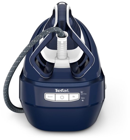 Donkerblauwe Tefal stoomgenerator met witte accenten en een grijze, gevlochten slang.