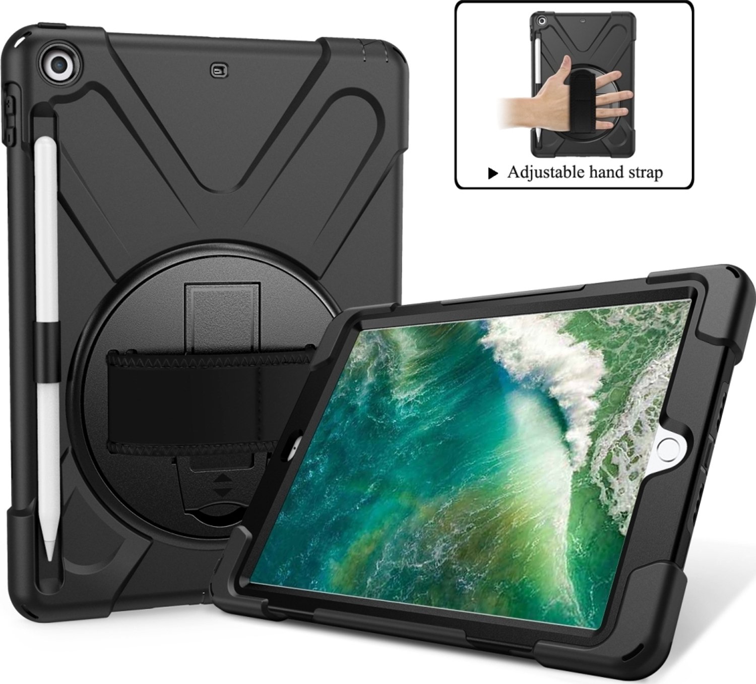 Mobigear SureGrip XGuard Tablethoes geschikt voor Apple iPad 6 (2018) Hardcase Backcover + Stylus Houder + Schouderband + Standaard - Zwart