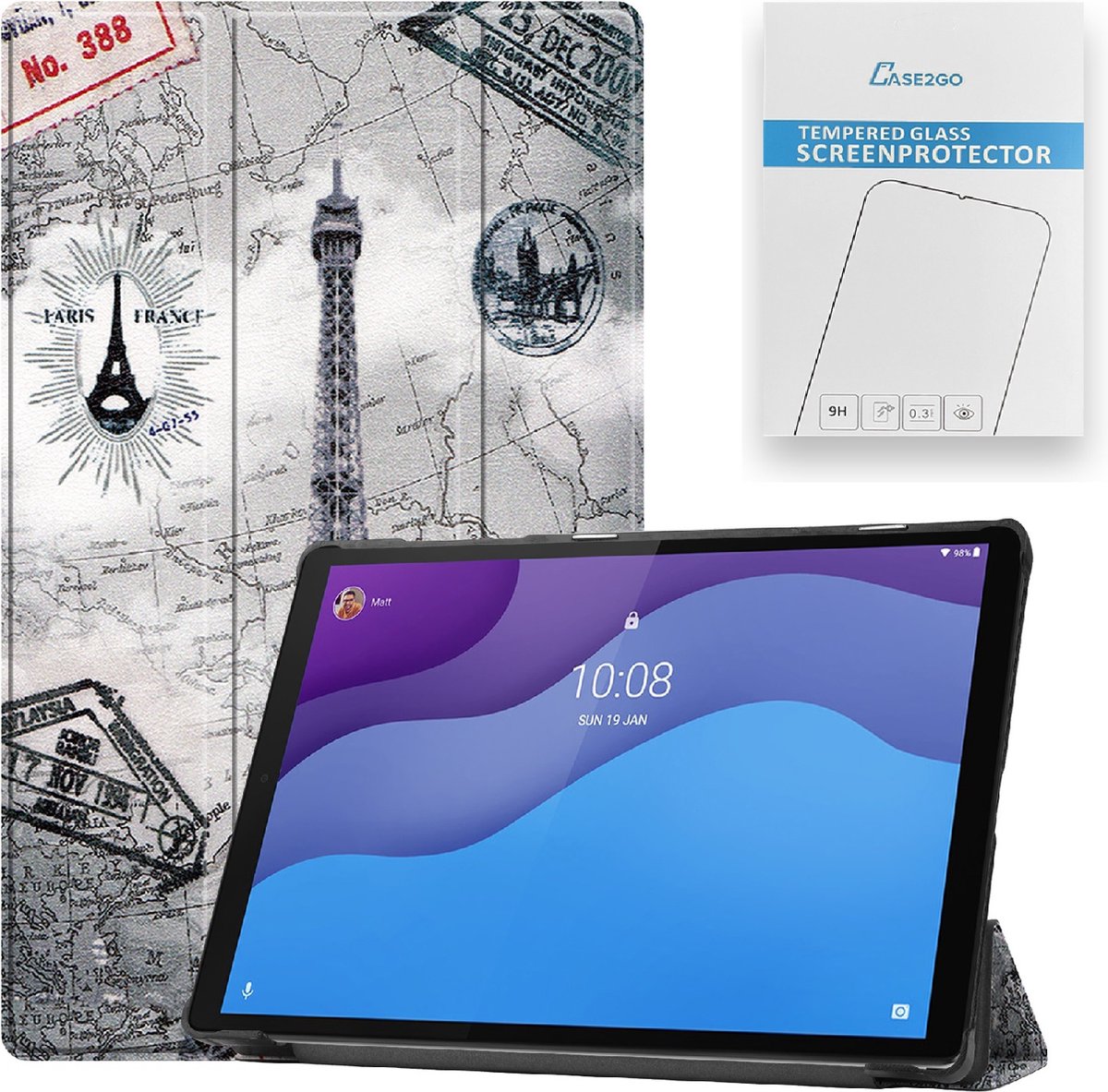 Case2go - Tablet hoes & Screenprotector geschikt voor Lenovo Tab M10 (TB-X306F) - 10.1 Inch - Auto Wake/Sleep functie - Eiffeltoren
