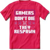 Gamers don't die pixel T-shirt | Paars | Gaming kleding | Grappig game verjaardag cadeau shirt Heren – Dames – Unisex | - Roze - S