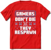 Gamers don't die pixel T-shirt | Blauw | Gaming kleding | Grappig game verjaardag cadeau shirt Heren – Dames – Unisex | - Rood - L