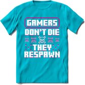 Gamers don't die pixel T-shirt | Roze | Gaming kleding | Grappig game verjaardag cadeau shirt Heren – Dames – Unisex | - Blauw - L