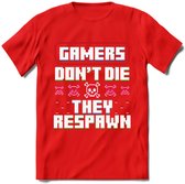 Gamers don't die pixel T-shirt | Gaming kleding | Grappig game verjaardag cadeau shirt Heren – Dames – Unisex | - Rood - 3XL