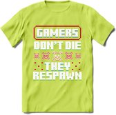 Gamers don't die pixel T-shirt | Gaming kleding | Grappig game verjaardag cadeau shirt Heren – Dames – Unisex | - Groen - XXL