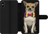 Bookcase Geschikt voor iPhone X telefoonhoesje - Hond - Strik - Zwart - Met vakjes - Wallet case met magneetsluiting