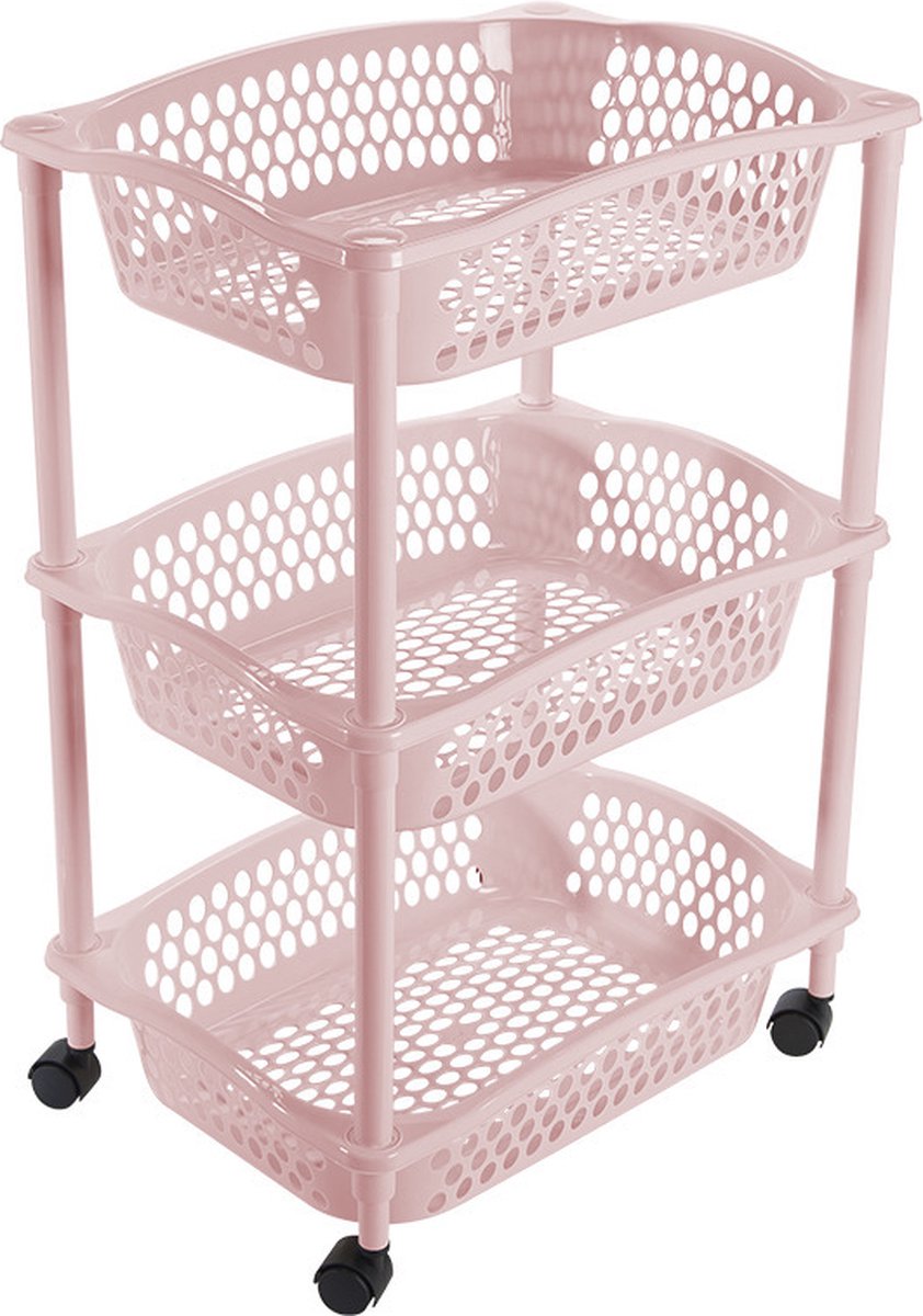 Keuken/kamer opberg trolleys/roltafels met 3 manden 62 x 41 cm lichtroze - Etagewagentje met opbergkratten