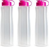 3x stuks kunststof waterflessen 1500 ml transparant met dop roze - Drinkflessensen/sport/fitness flessen
