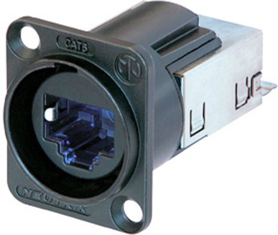 Zwarte Ethercon RJ45 CAT6 inbouwbus met 'CAT6' en 'NEUTRIK' logo's.