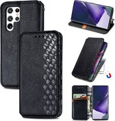 Luxe PU Lederen Ruitpatroon Wallet Case + PMMA Screenprotector voor Galaxy S22 Ultra 5G _ Zwart