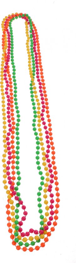 Een set van vier lange kettingen met kleine neonparels in oranje, groen, geel en roze.