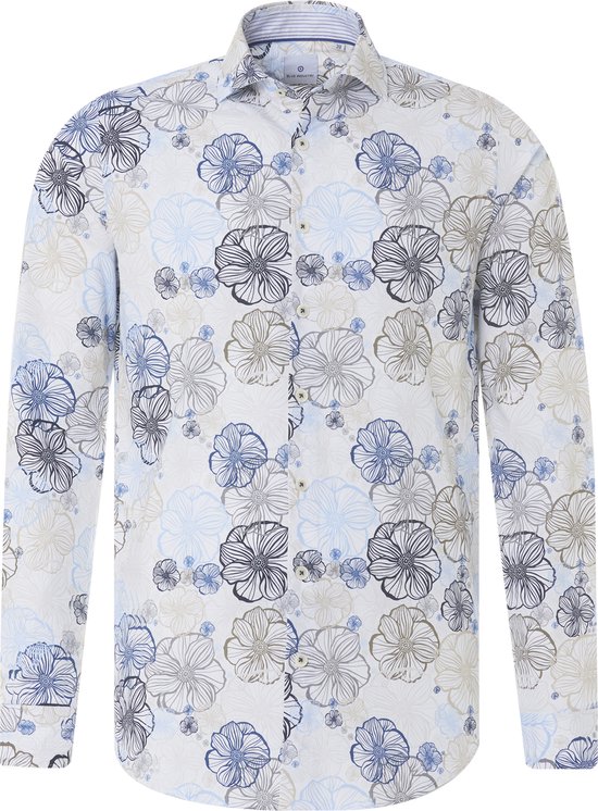 Blue Industry - Overhemd Blauw Beige Bloemen - 41 - Heren - Slim-fit