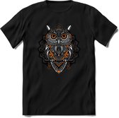 Uil - Dieren Mandala T-Shirt | Oranje | Grappig Verjaardag Zentangle Dierenkop Cadeau Shirt | Dames - Heren - Unisex | Wildlife Tshirt Kleding Kado | - Zwart - M