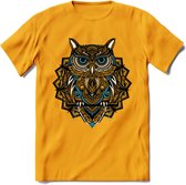 Uil - Dieren Mandala T-Shirt | Blauw | Grappig Verjaardag Zentangle Dierenkop Cadeau Shirt | Dames - Heren - Unisex | Wildlife Tshirt Kleding Kado | - Geel - M