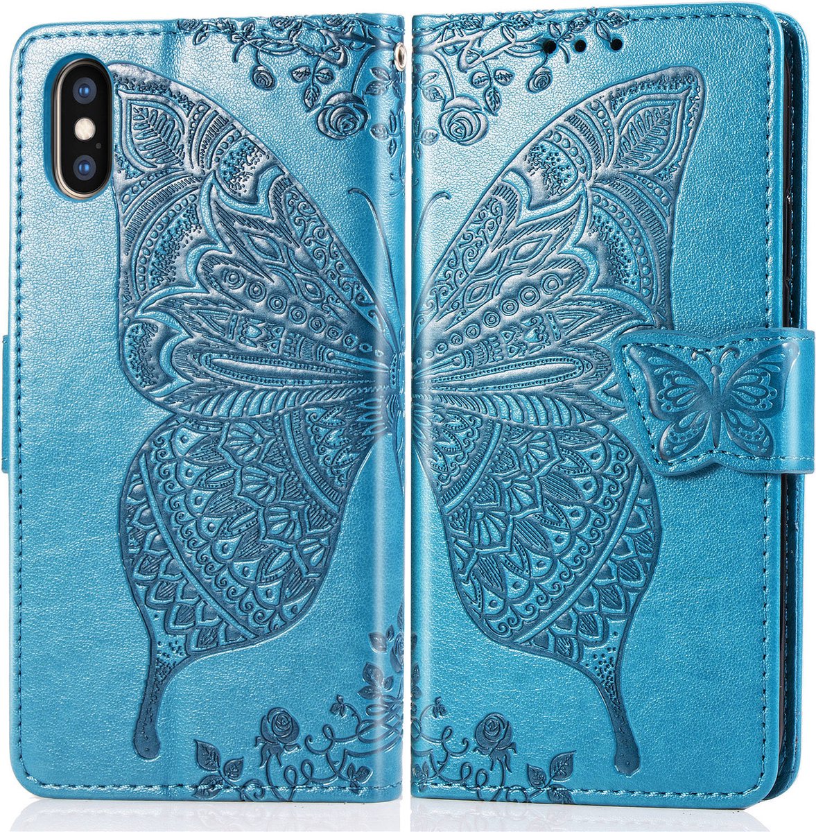 Bookcase geschikt voor Apple iPhone X / XS - Blauw - Vlinder - Portemonnee Hoesje